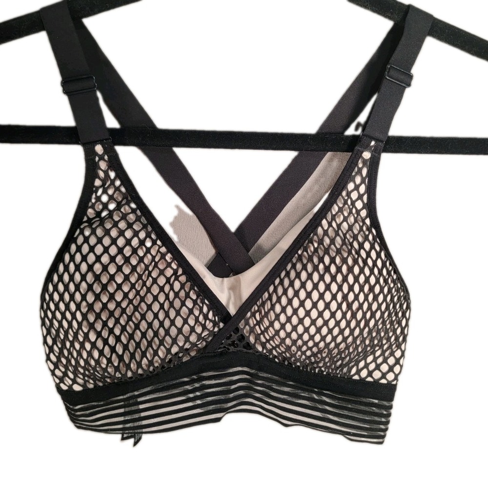 Victorias Secret Bra 32B Black Fishnet Mesh Striped Cross Back Athleisure Goth